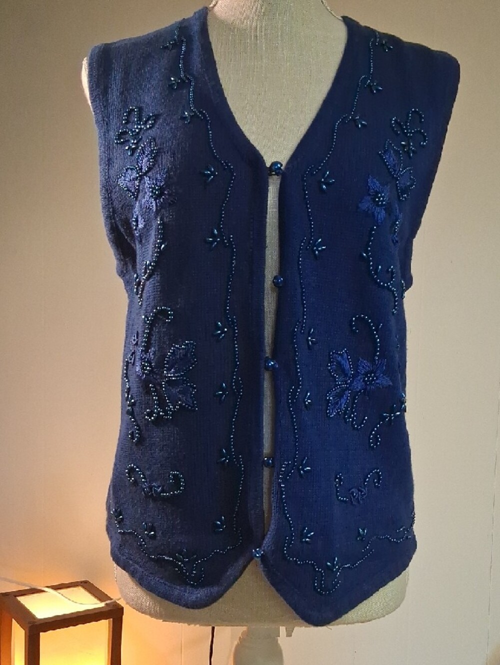 Women's Navy Blue Embellished Knit Top with Teal Bead Accents Size M